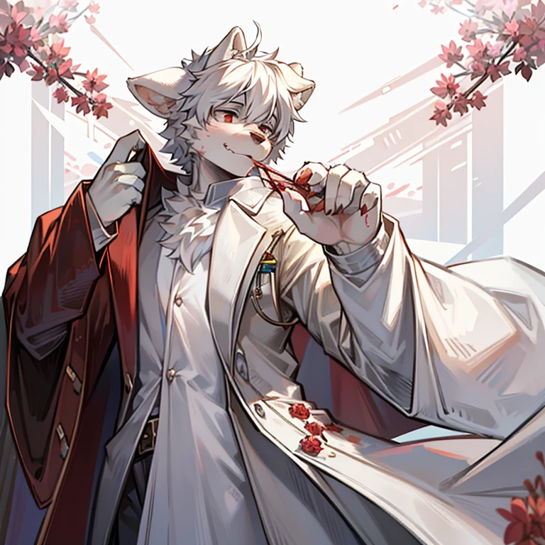 male dog ears，shaggy，White hair，the doctor，Thin white transparent coat opens，clothes stained with blood，Holding a bloody flower in hand，the only person