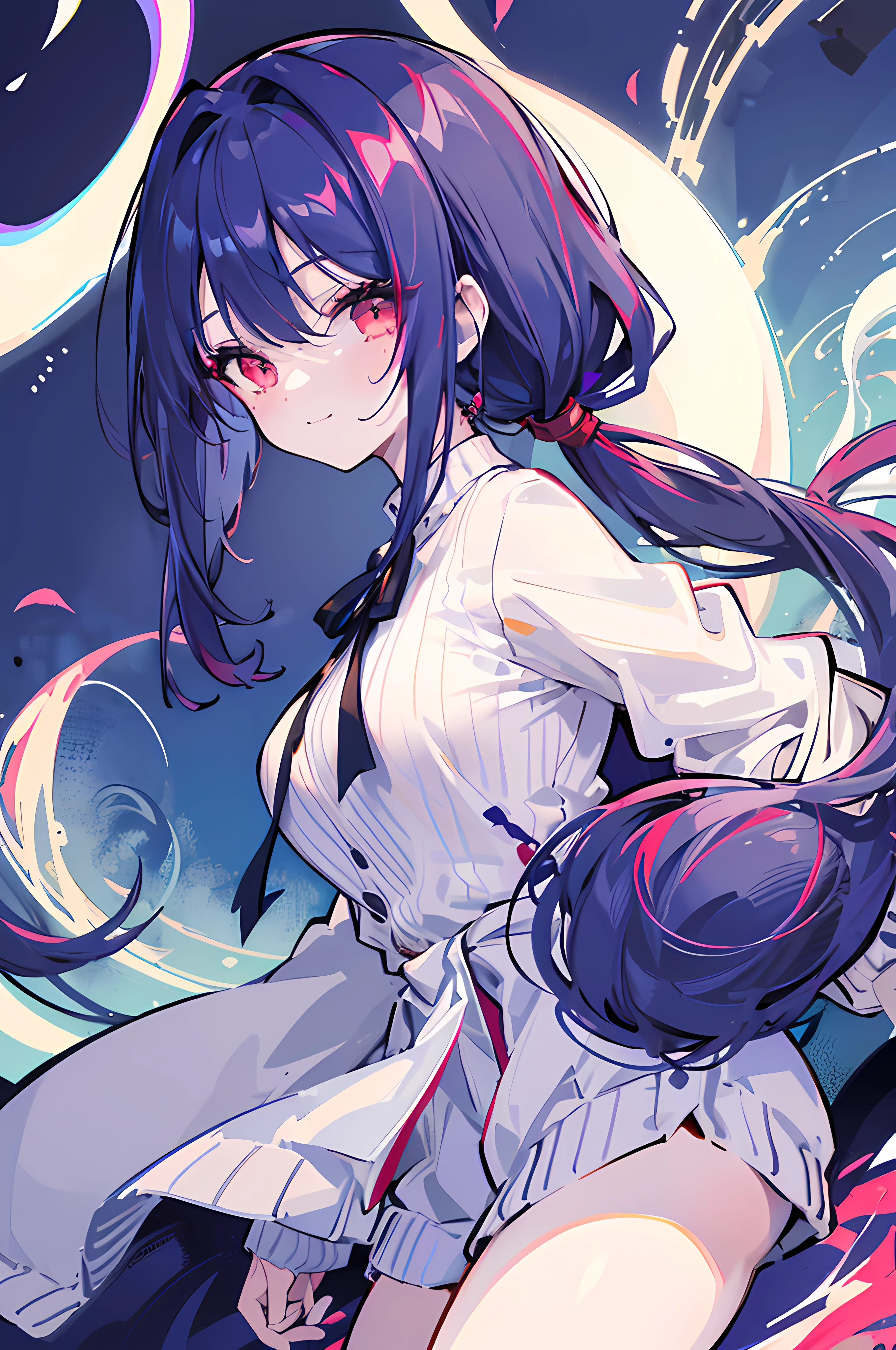 1 busty girl, tmasterpiece, young girls, high high quality, (dark-blue hair), (hair straight), ((Upward double ponytails)), ((Double ponytails tied at the top)), Long gray hair, red eyes, ((detailface)), natta, (Fly over), (Fly in the sky), ((with ghosts)), (Cute ghosts) wearing a white sweater, (Smiling)
