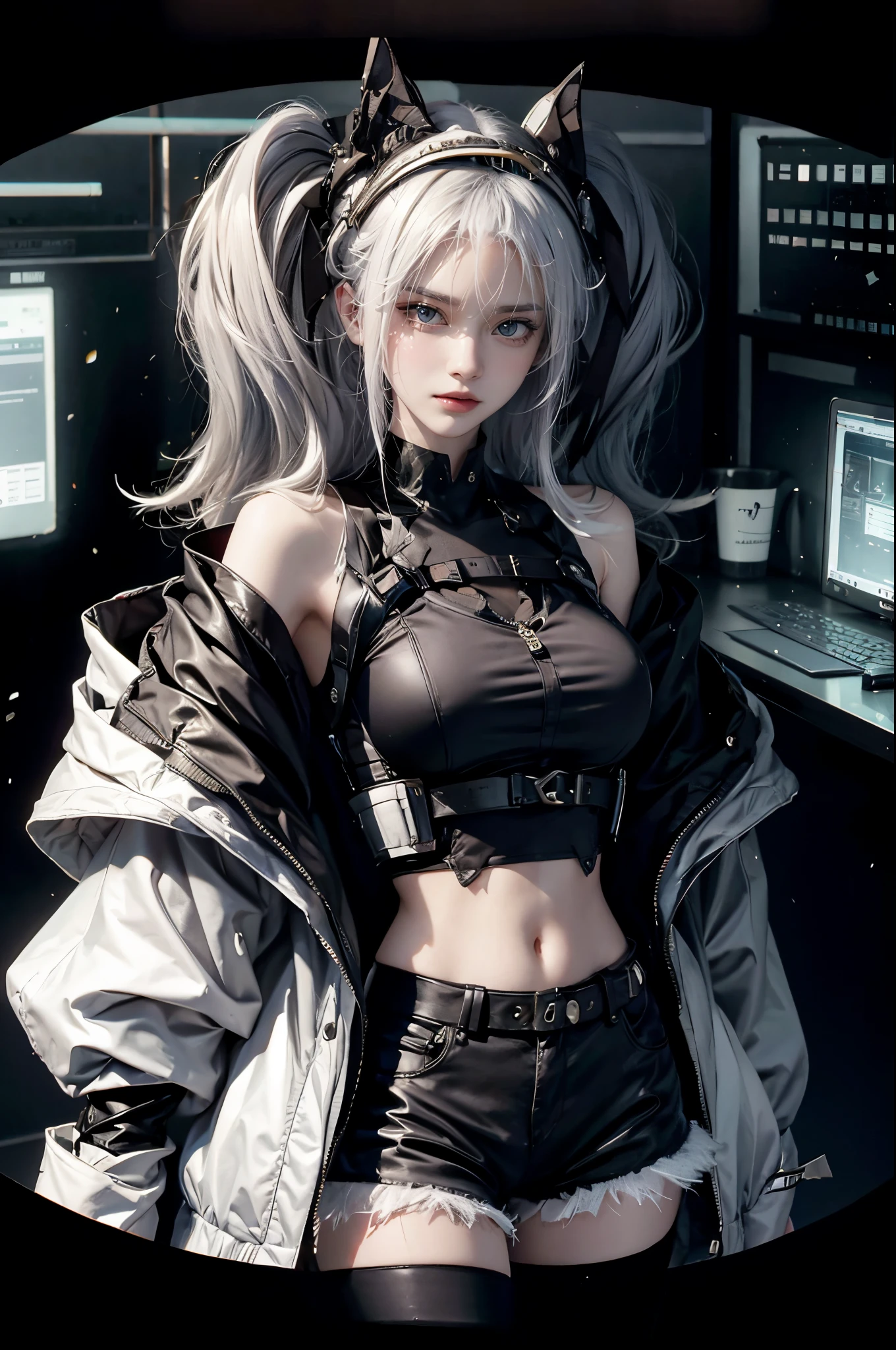 a beautiful cybergoth female, photo-realistic, k hd, long white hair, light brown eyes, large iris, perfect symmetrical eyes, Black backpack, Silver bracelet, beauty breast, Long legs, black and white printed tee shirt, black mini skirt, black waist jacket, cybergoth outfit, silver swirl bracelet, colored clothes, Sit Pose