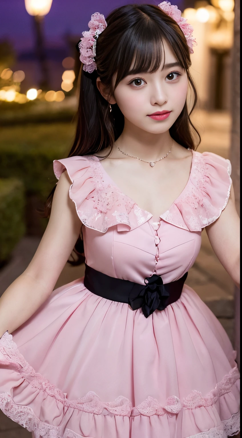 best quality, masterpiece, extremely cute and tender girl, (solo:1.2), (pink detailed princess dress with many frills:1.3), beautiful tender eyes symmetrical, (beautiful and detailed face), (beautiful black hair, topknot), blunt bangs, smile, palace garden
BREAK
“The Princess of the Night Sky” is of a princess who shines like a single star in the dark night. She rules the night sky, and the stars reflect her beauty. Her presence illuminates the silence of the night, bringing a light of hope.