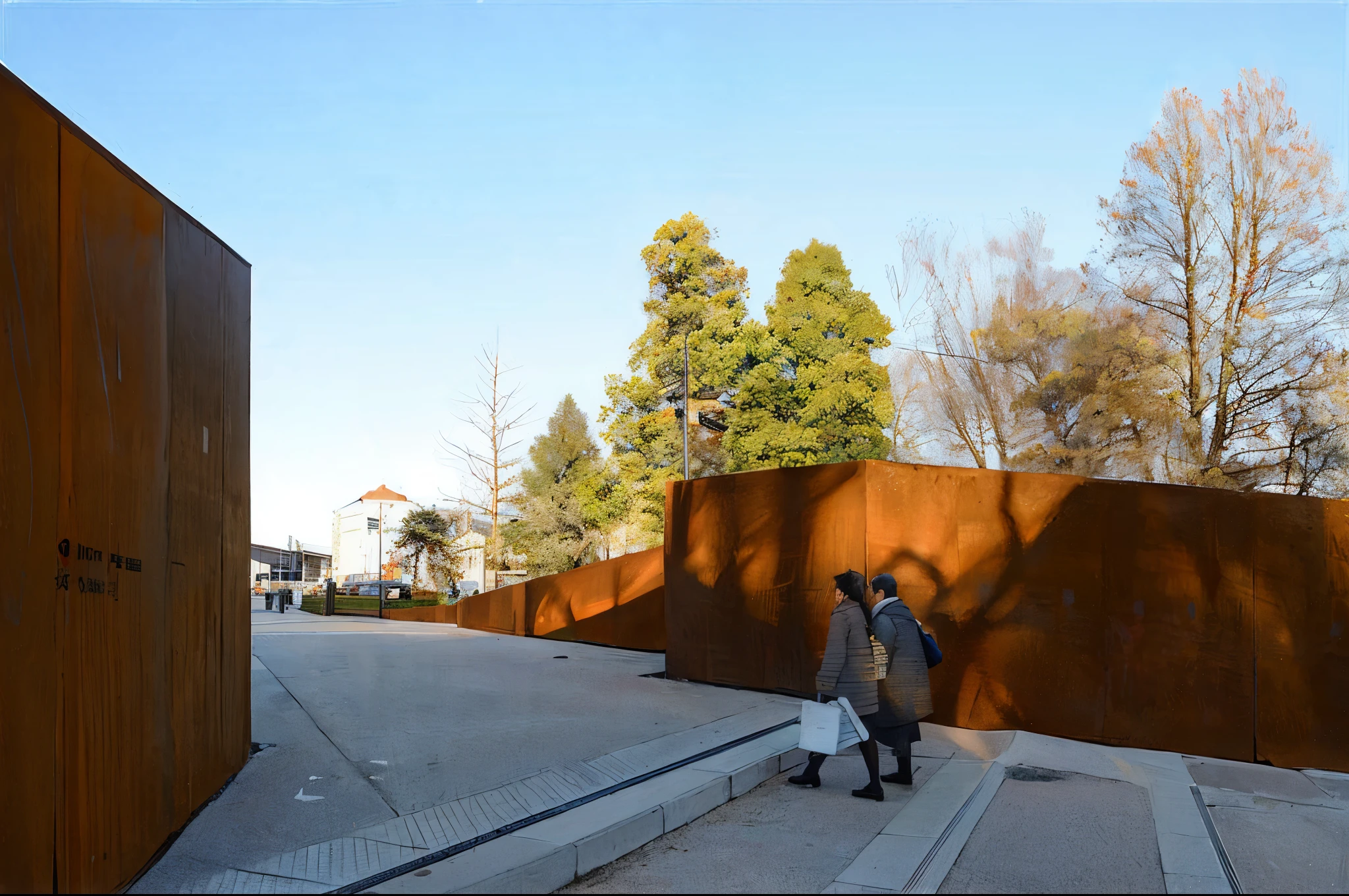 Two people walked up the stairs in the park, Hase Ryoji, author:Ono Tadanari, kaigetsudo ando, Go to the right, author:Kiyohara Tama, rusty panel, Rusty metal walls, inspired by Kōno Michisei, author:Central Plains South Tianfang, ando tadao,eventide,facula