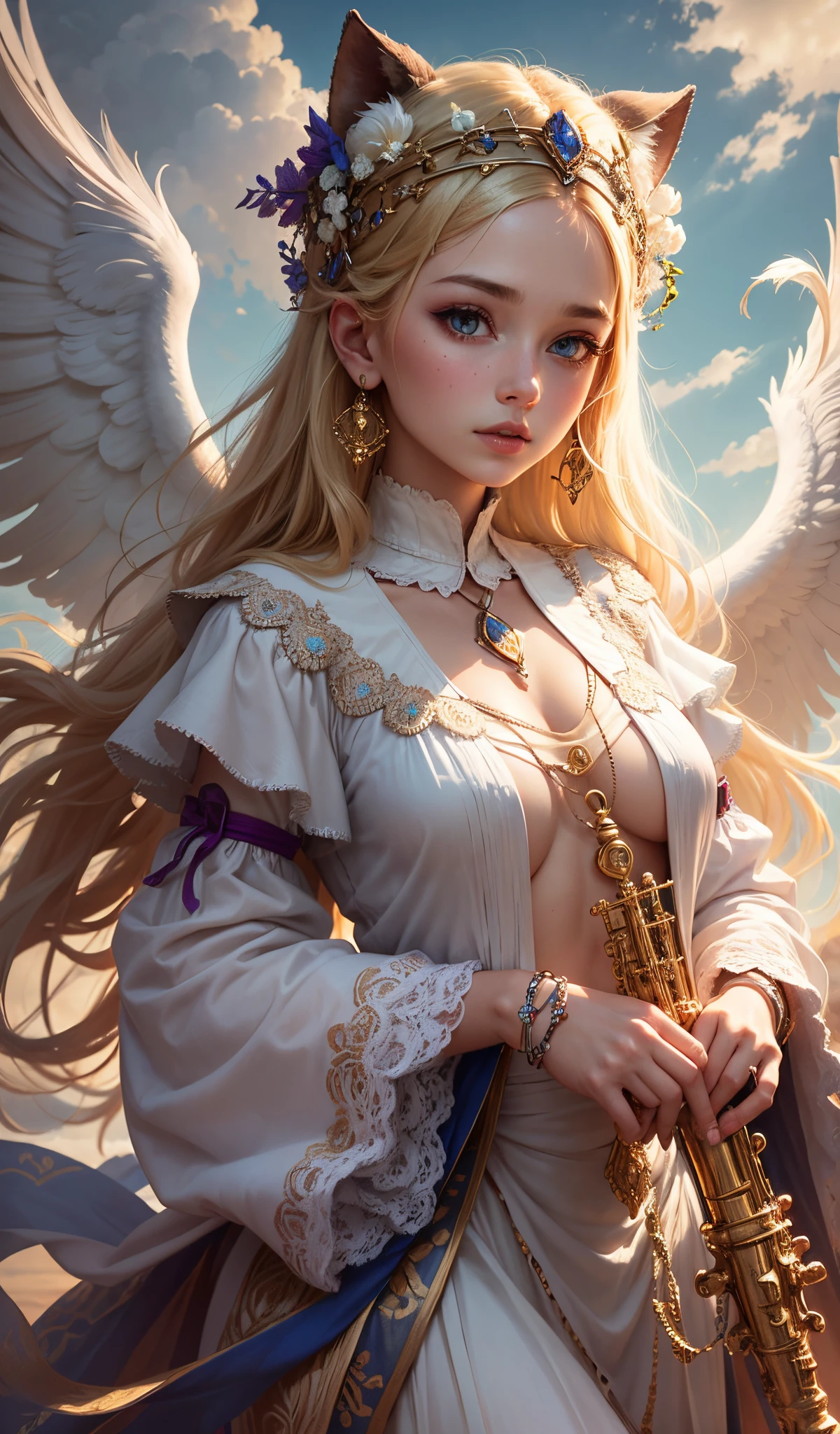 woman angel wearing white dress playing oboe above the clouds, she is blonde with blue eyes --auto --s2