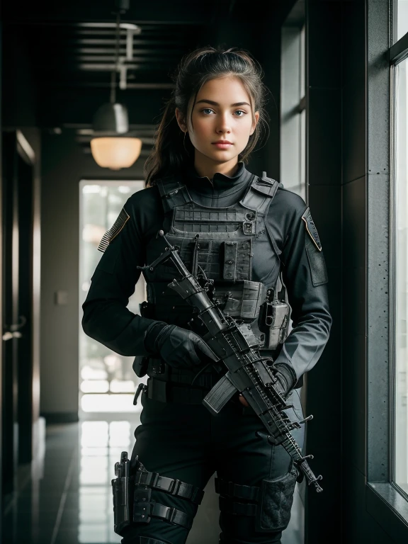 ((best quality)), ((masterpiece)), (detailed), beautiful lighting, best quality, realistic, full body portrait, real picture, intricate details, depth of field, 1girl, A very muscular solider girl with long haircut, around 20 years old wearing a black uniform holding a gun in the hallway, wearing Swat tactical gear, photography of a techwear woman, dressed in Swat tactical armor, black Swat tactical gear, Tactical vest and holster, Beautiful Female Soldier, Holding a rifle, closeup portrait shot, Have an MP7, holding rifle, special forces security, airsoft cqb, highly-detailed, perfect face, blue eyes, lips, wide hips, small waist, tall, make up, Fujifilm XT3, outdoors, bright day, Beautiful lighting, RAW photo, 8k UHD, film grain, ((bokeh))