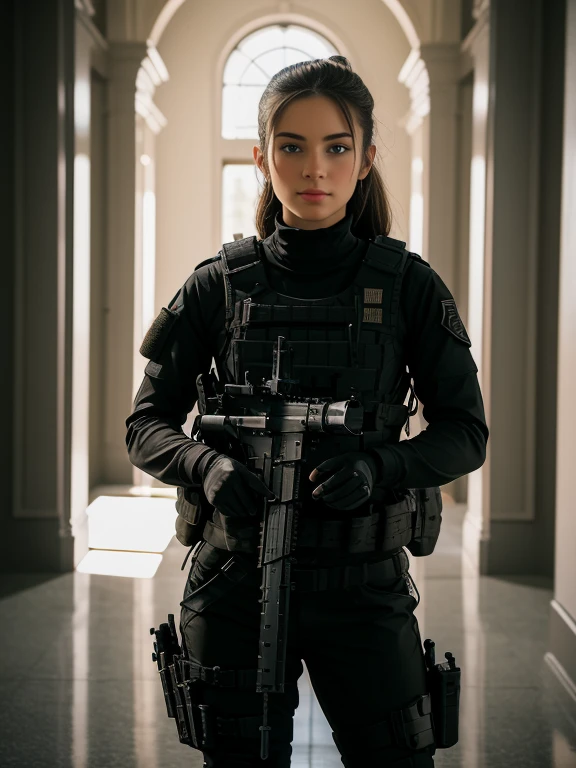 ((best quality)), ((masterpiece)), (detailed), beautiful lighting, best quality, realistic, full body portrait, real picture, intricate details, depth of field, 1girl, A very muscular solider girl with long haircut, around 20 years old wearing a black uniform holding a gun in the hallway, wearing Swat tactical gear, photography of a techwear woman, dressed in Swat tactical armor, black Swat tactical gear, Tactical vest and holster, Beautiful Female Soldier, Holding a rifle, closeup portrait shot, Have an MP7, holding rifle, special forces security, airsoft cqb, highly-detailed, perfect face, blue eyes, lips, wide hips, small waist, tall, make up, Fujifilm XT3, outdoors, bright day, Beautiful lighting, RAW photo, 8k UHD, film grain, ((bokeh))