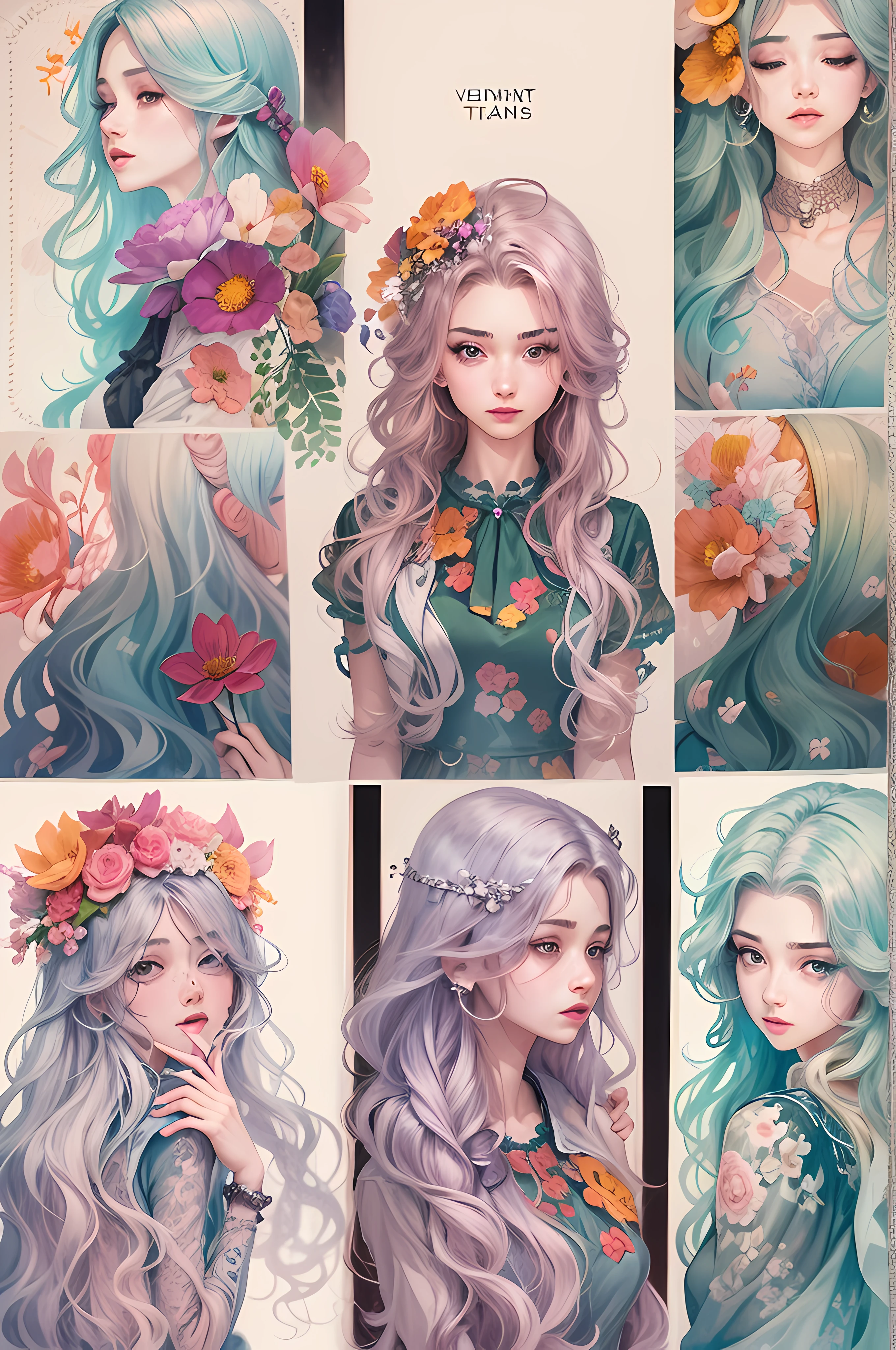 Tidal Games,posh,Hair color,ventania,Fly petals,stained glass,Decorative style,Complicated details,dufkova,2d,line art,aquarelle,Ink and watercolor,Random color hair,Extra-long hair,wavy,1个Giant Breast Girl,Alraun,Flowers,Alraun,