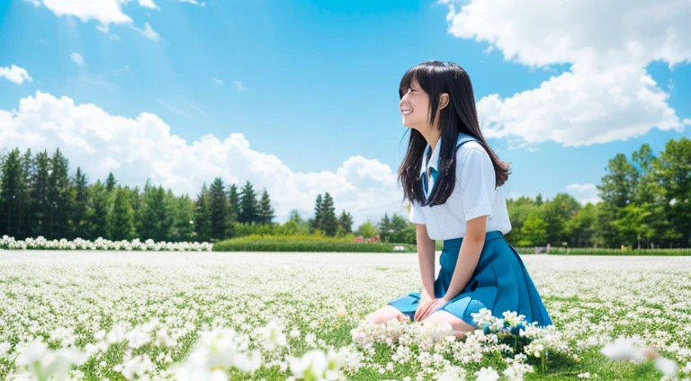 A Japanese high school girl kneels in front of a field of white flowers.。the ground is flooded。Blue sky only background。No one else。