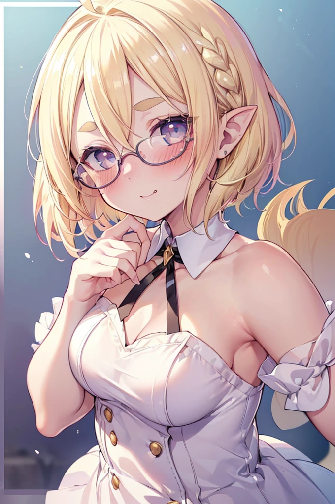 ultra detailed, best quality, high resolution, ((16k)), ((1girl)), pale skin, petite, (glossy blonde hair:1.5), (very short hair), (ahoge:1.3), (glasses), pointy ears, (blush:1.5), blue eyes, medium breasts, ((fang)), happy smile, clothed mouth, ((single short braid:0.8)),  face, (rainbow background), (forehead:1.3), (thick eyebrows), nsfw, nude