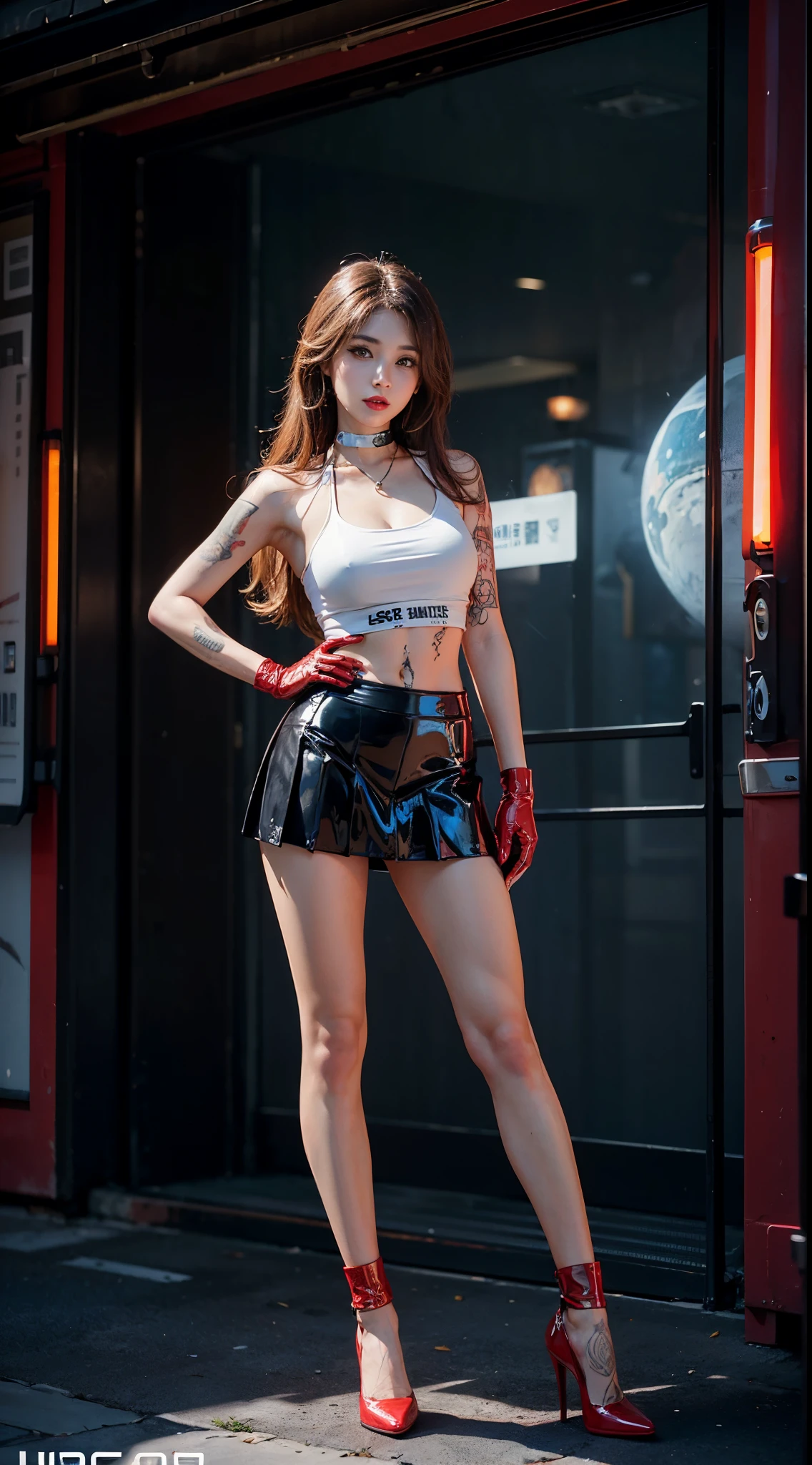 ((masterpiece:1.4)、(top-quality:1.4)、(reallistic:1.7))、masuter piece:1.4、(Top-of-the-line rendering:1.4)、(Female SWAT member of the 73rd Division of the Space Federation:1.4)、Super Beautiful Investigator、(By Luis Royo:1.4)、(hold a gun:1.2)、Body Fit Sexy Uniform、(Glossy luxury latex:1.4)、(Navy blue sleeveless uniform jacket)、(Underwear White Sexy Super Ultra Bikini)、(Luxury Red Latex:1.4)、(Red pleated mini skirt:1.4)、22year old、(Cute tattoos:1.4)、(Wearing white gloves)、Kawaii Girl、Super beauty、foco nítido、Portrait photos、(Perfect female body:1.4)、perfectly proportions、Full body shooting:1.4、美丽的面容、Fearless look、beautidful eyes、Narrow waist、beauty legs、(length hair:1.2)、Beautiful udder、large full breasts:1.2、Sexy ass、(Standing facing the front:1.4)、Raw photo、red-lips、Red high heels:1.4、a choker:1.4、a necklace:1.4、耳环:1.4、1 screen display、Beautiful night view of Cyberpunk City:1.2
