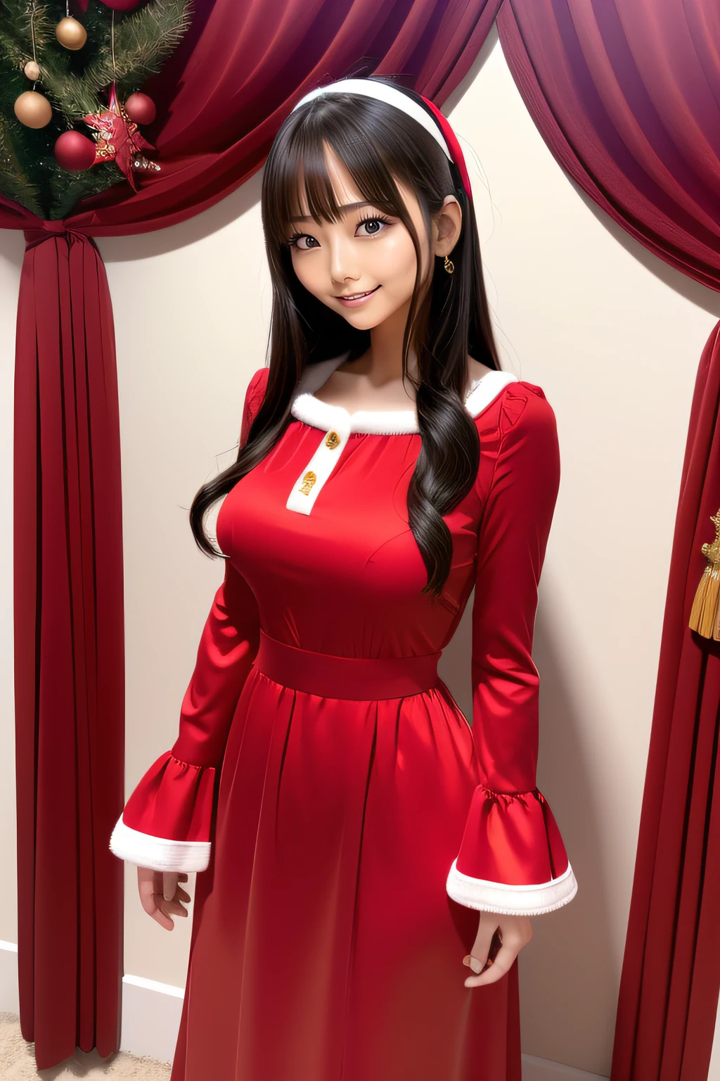 A woman wearing a long-sleeved dress with red frills, Hands folded behind back, Large satin ribbon, Toys, a polaroid photo, Christmas card with presents, Christmas tree background, Enamel Art,
BREAK glassy surface, Vibrant colors, Glossy finish, Reflective Textures, rich pigment, Flow Forms, Full body, bangss、s lips、without makeup、short eyelashes、watching at viewers、A smile、Photorealsitic、high-level image quality、masutepiece, Best Quality, 8K, Beautie、Fine details