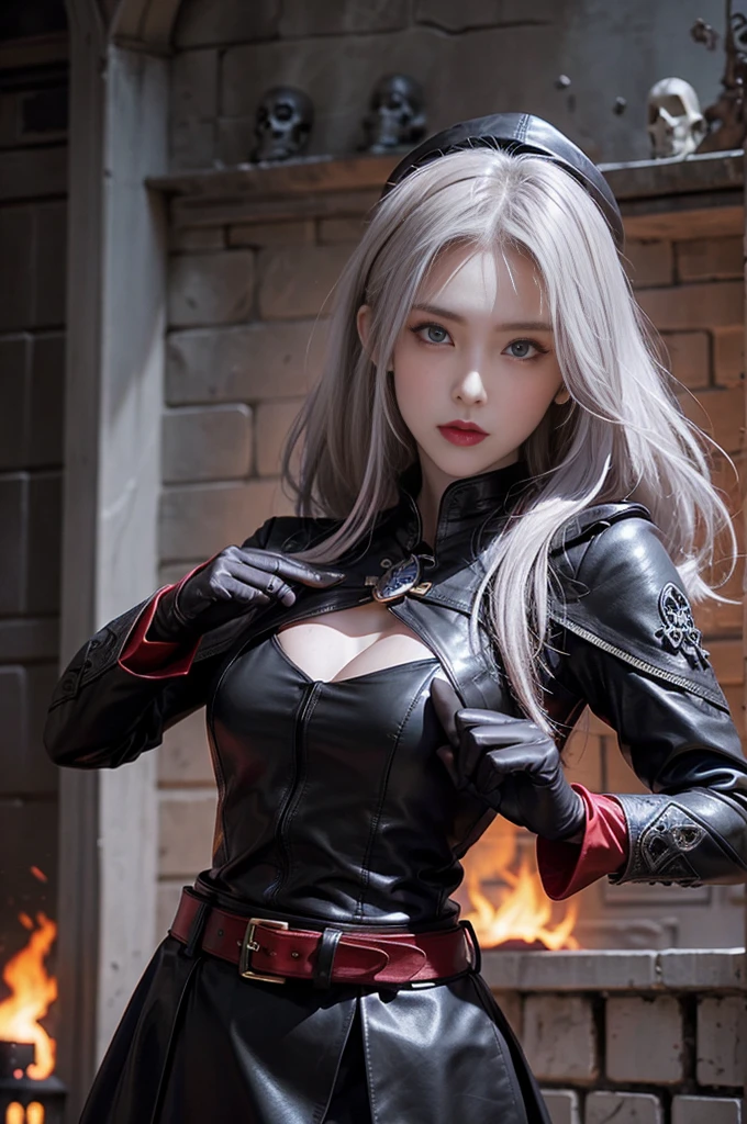 full body Esbian, of the highest quality, Intricately detailed skins, Shiny skin, Shiny hair, pale complexion,Big breasts), Red sky, Continuous snow, Castle terrace, ((Skull Mark)), ambitious, Seductive Woman, Gray hair, Long hair, Hair fluttering in the wind, Skull mask on half of the face, Detailed tattoos, Red leather clothes, Red sleeveless clothes, Black leather coat, Black leather gloves, Solid Gold Bracelet, leather skirt red skirt, , Hat with skull marker, (Leather Belt), Look far away
