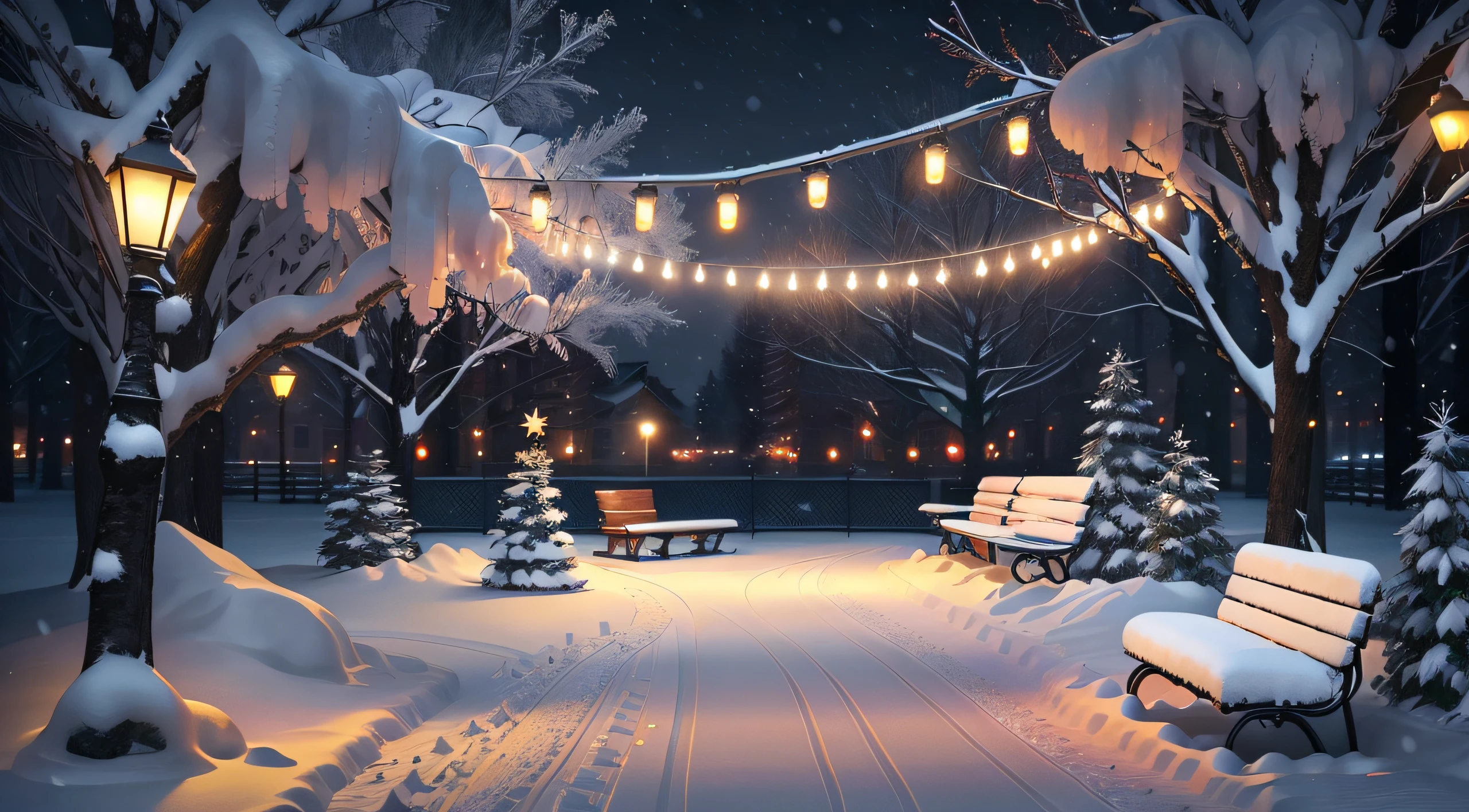 snowy night scene with benches and lights in a park, snowy night, snowy winter christmas night, beautiful winter area, winter park background, snowfall at night, snowy winter scene, winter concept art, winter night, winter setting, snowy environment, winter scene fantasy, snow scene, beautiful detailed scene, snowy winter, beautiful wallpaper, winter in the snow, glowing snow