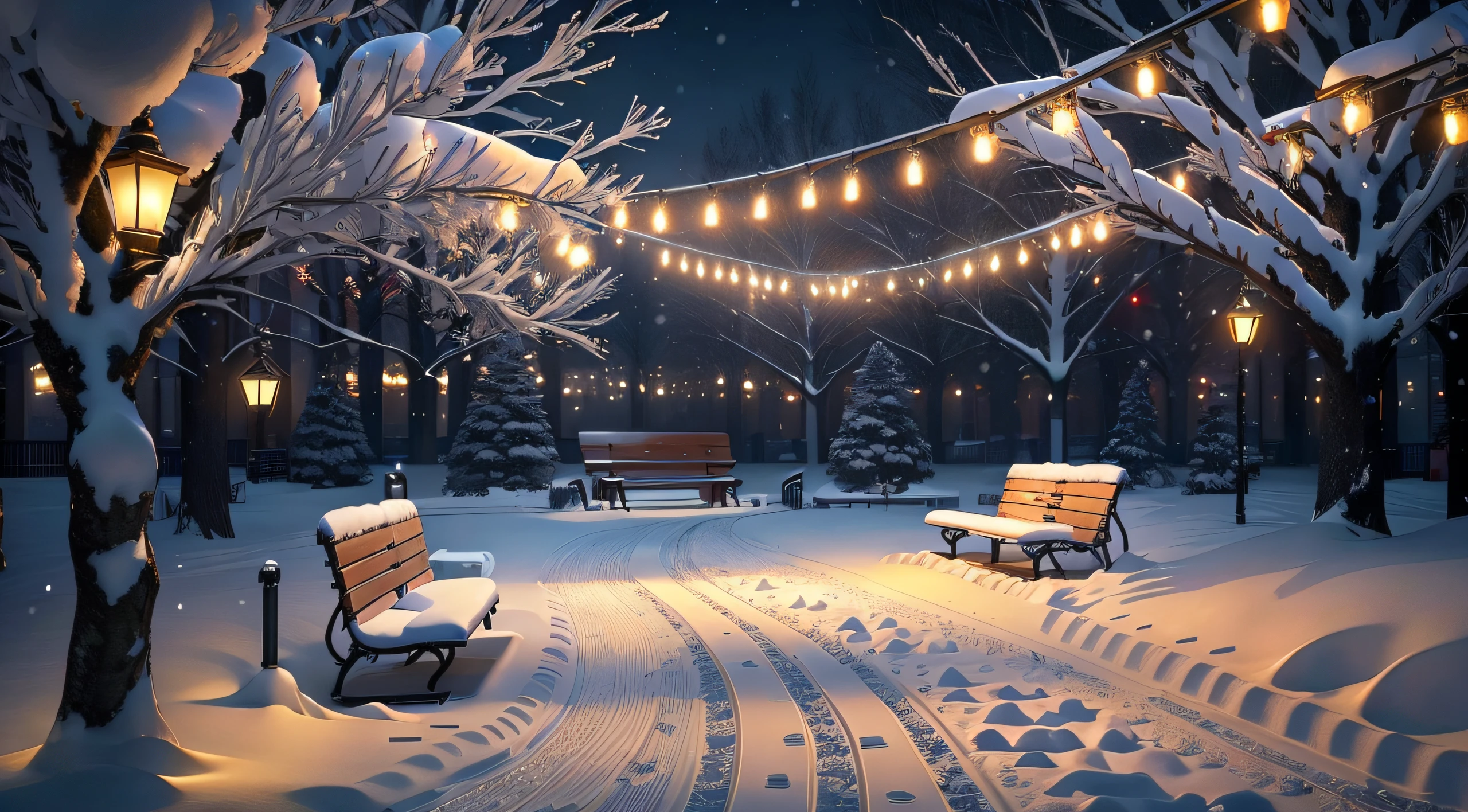 snowy night scene with benches and lights in a park, snowy night, snowy winter christmas night, beautiful winter area, winter park background, snowfall at night, snowy winter scene, winter concept art, winter night, winter setting, snowy environment, winter scene fantasy, snow scene, beautiful detailed scene, snowy winter, beautiful wallpaper, winter in the snow, glowing snow