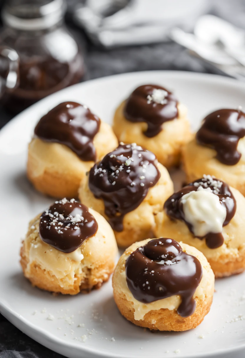 jUST A SIMPLE DELICIOUS PROFITEROLL ON A WHITE PLATE AND NOTHING MORE