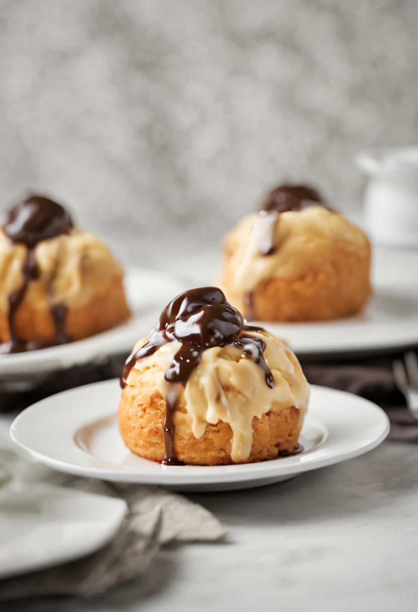 jUST A SIMPLE DELICIOUS PROFITEROLL ON A WHITE PLATE AND NOTHING MORE