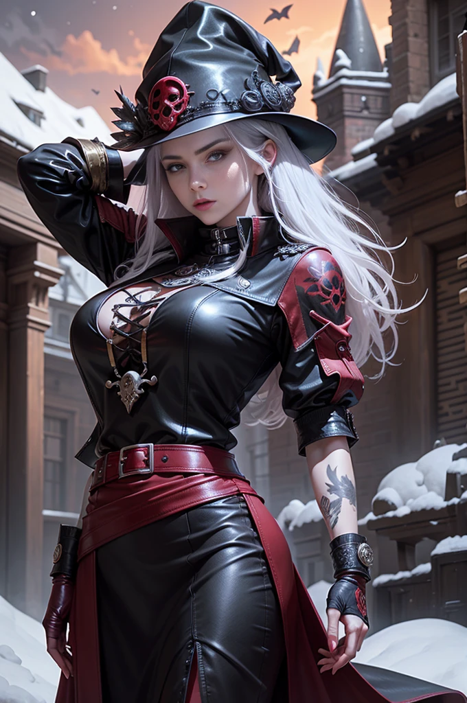 full body Esbian, of the highest quality, Intricately detailed skins, Shiny skin, Shiny hair, pale complexion，Big breasts), 　Red sky,　Continuous snow， Castle terrace, ((Skull Mark)), ambitious, Seductive Woman, Gray hair, Long hair, Hair fluttering in the wind, Skull mask on half of the face, Detailed tattoos, Red leather clothes, Red sleeveless clothes, Red leather coat, Black leather gloves, Solid Gold Bracelet, leather skirt red skirt, , small hat, (Leather Belt), Look far away