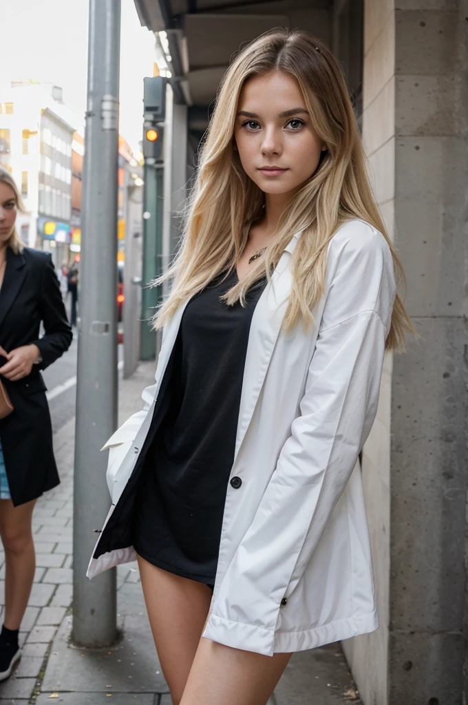 ((best quality)), ((Meisterwerk)), (Detailliert), Perfektes Gesicht, 1.1, Hochdetaillierte Gesichts- und Hautstruktur, Detaillierte Augen, Anna Björn a 21 year old blonde swedish girl, cute full body pictures in stockholm city, cute modern student clothing, cute makeup, aesthetic instagram pictures
