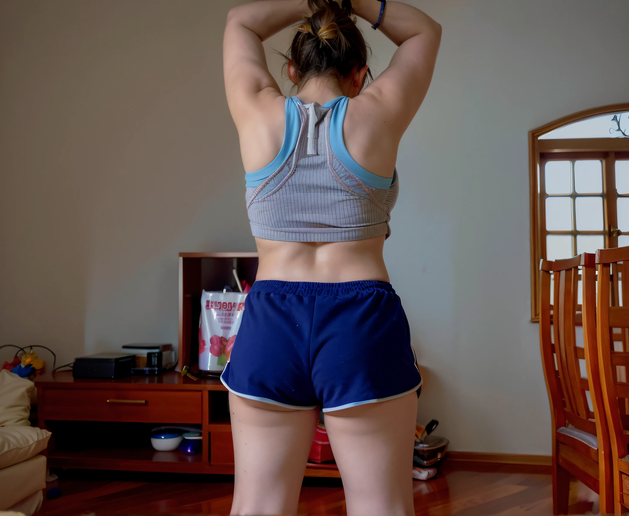 tem uma mulher de short azul e blusa cinza, back pose, costas arqueadas, sport bra and dark blue shorts, from the back, costas arqueadas, tiro longo das costas, Backview, seen from back, sport bra and shorts, waist reaching ponytail, tiro longo de costas, tiro pelas costas, voltar - ver, ombros curvados