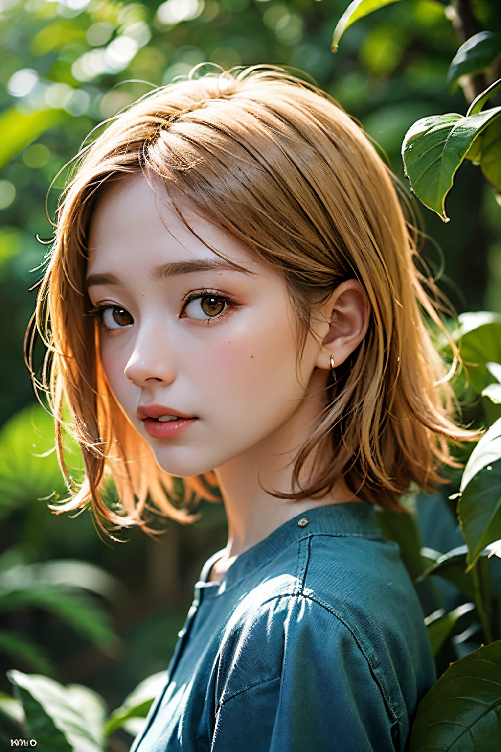 Realistic digital painting of a cute blonde girl in a holy jungle setting. The image showcases vibrant colors, with a mix of lush greenery and vibrant flowers surrounding the girl. The artist uses soft brush strokes to create a dreamy and ethereal atmosphere. The lighting is natural and soft, casting gentle shadows on the girl's face and the jungle foliage. The perspective is slightly from above, giving a bird's eye view of the scene. The focal length used by the artist captures the girl's face in clear detail, highlighting her innocent and adorable features. The image is created using digital painting techniques, with attention to detail in the girl's hair, eyes, and clothing.