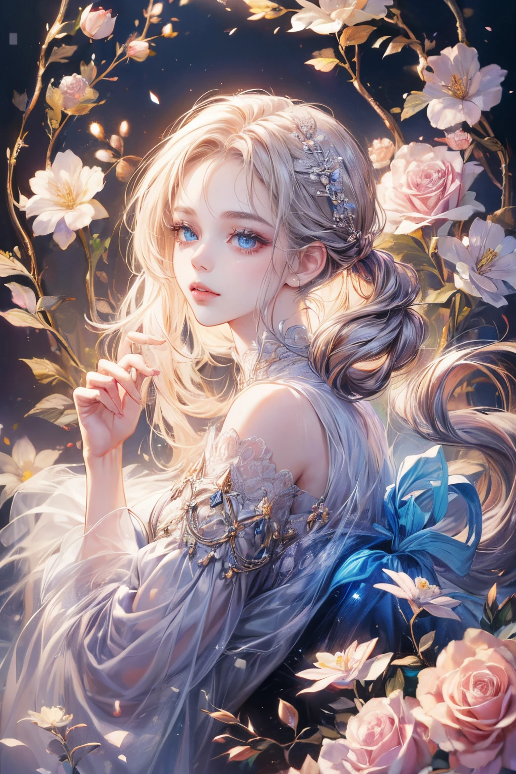 (A high resolution:1.4),(tmasterpiece:1.4),超A high resolution,8K,CG,Exquisite,Upper part of the body,desolated,Thumb girl,Little princess,Taffeta court dress,Flower background,detailedfacialfeatures,with long coiled hair,almond eyes,Detailed eye makeup,long eyelashes fluttering,Sparkling eyes and starry gaze,Delicate lip detailing,Soft and harmonious style.