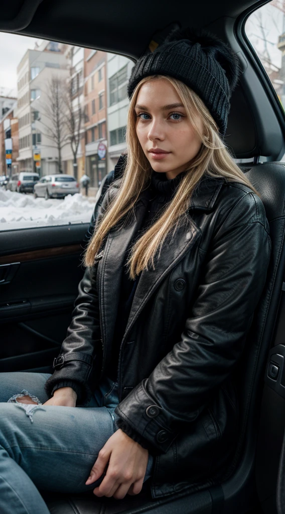 Same blond, beatiful blond hair, Subtle makeup, Emphasizing eyes and lips, she is Dressed in a stylish black coat and elegant black jeans, with a woolen hat, Underneath the coat, a black sweater, Photo taken from the driver's seat while she sits in the passenger seat, sitting in a car with leather seats, winter outside with a lot of snow on the streets, looking into the camera, natural body anatomy
