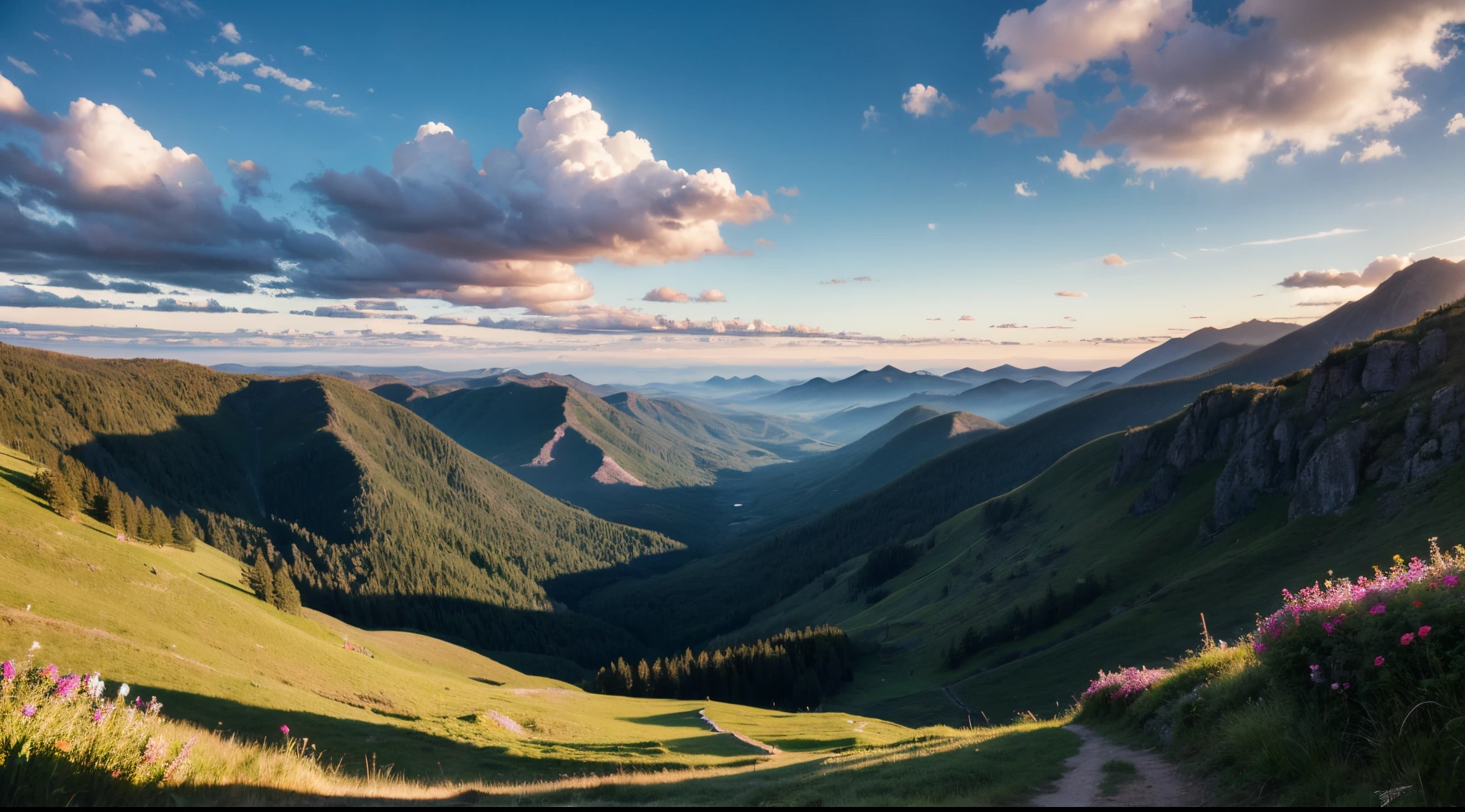 Spring, Sky, White Clouds, Colorful Clouds, Sunrise, Trees, Flowers, Sunrise, Peaks, Slopes, Valleys, mountains (distributed on both sides of the screen), Green, Quiet and Peaceful, Emerald Green, Realistic Photography, aerial shot, Ultra-Wide Angle, perspective, from above, wide shot, vanishing point, best quality, highres, 32KUHD, masterpiece, ccurate, super detail, high details, award winning