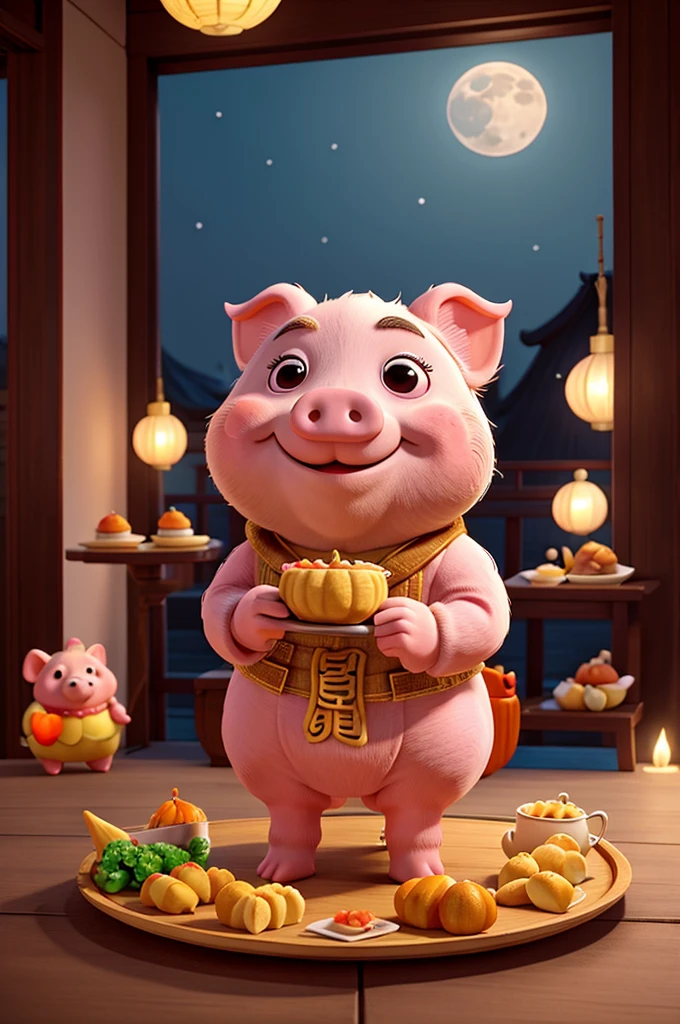 Moon Mid-Autumn Festival Reunion Dinner Cute Piggy holding a tray of cakes