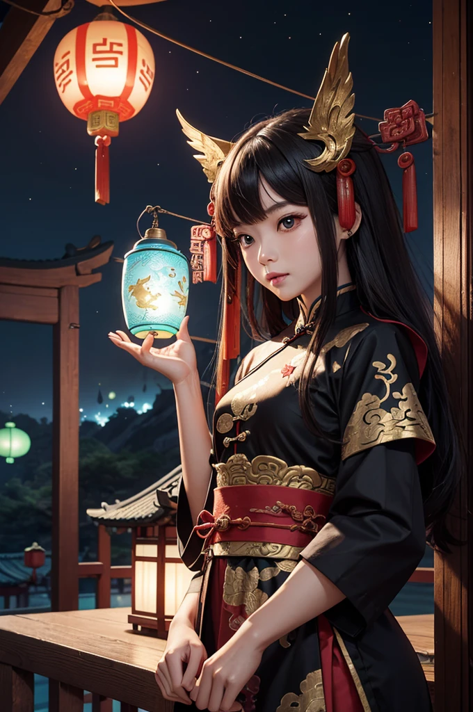 (Chinese fantasy Q version style:1.5), Big eyes, small figure, cuight painting concept design) The little dragon dances in the night with golden lanterns hanging on it. The dragon's body emits a faint blue light that complements the warm glow of the lantern. The little dragon shuttles through the night, giving people a mysterious and peaceful feeling, enhance, intricate, (best quality, masterpiece, Representative work, official art, Professional, unity 8k wallpaper:1.3)