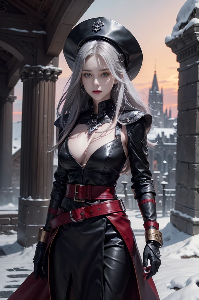 full body Esbian, of the highest quality, Intricately detailed skins, Shiny skin, Shiny hair, pale complexion，Big breasts), 　Red sky,　Continuous snow， Castle terrace, ((Skull Mark)), ambitious, Seductive Woman, Gray hair, Long hair, Hair fluttering in the wind, Skull mask on half of the face, Detailed tattoos, Red leather clothes, Red sleeveless clothes, Black leather coat, Black leather gloves, Solid Gold Bracelet, leather skirt red skirt, , Hat with skull marker, (Leather Belt), Look far away