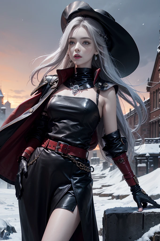 Masterpiece, Best Quality, 1girl, sitting in the vampire temple, (Van Helsing) uniform, black buttoned jacket, leather tight pants, high boots, broad-brim, clever face, scars, spread legs, long legs, complex detailed metro background