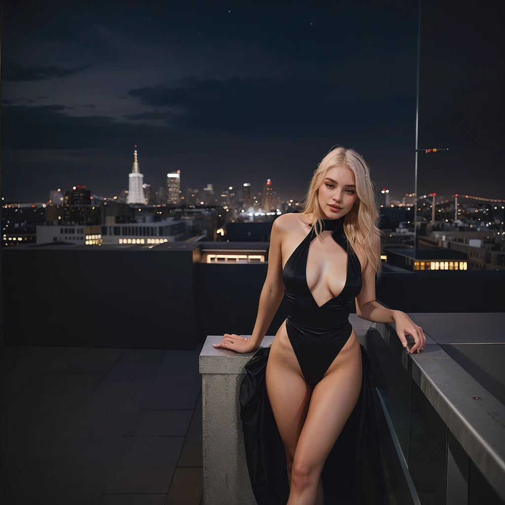 Experience the thrill of the city night with Aria, a 24-year-old model with a nice body thats slightly curvy with big boobs, in an exclusive rooftop bar photoshoot. Imagine Aria in a chic black jumpsuit that perfectly complements her platinum blonde hair. Frame the scene against the glittering cityscape, embodying the cosmopolitan charm and elegance of the evening in this fashionable composition.