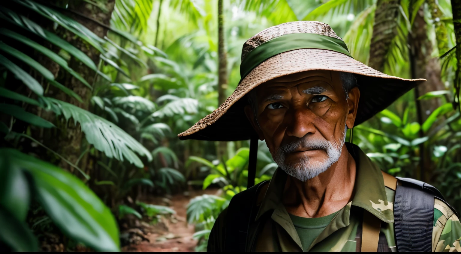 In the heart of untamed rainforest, A brave solo explorer, His weathered face and fierce eyee attracted by the infinite wonders of nature。. Make your shots echo the spirit of National Geographic, Immortalize this rugged beauty with compelling photos. camouflage uniform、a bucket hat,Old man