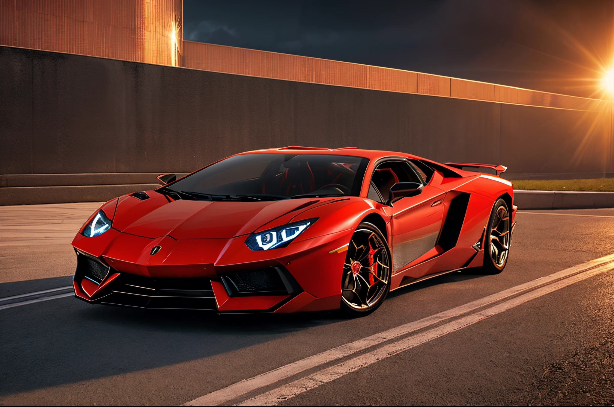 bright red lamborghini aventador detail portrayal Realistic and three-dimensional ultra-quality The ultra -The high-definition Coast with beautiful sunset Photorealistic depiction precise and accurate