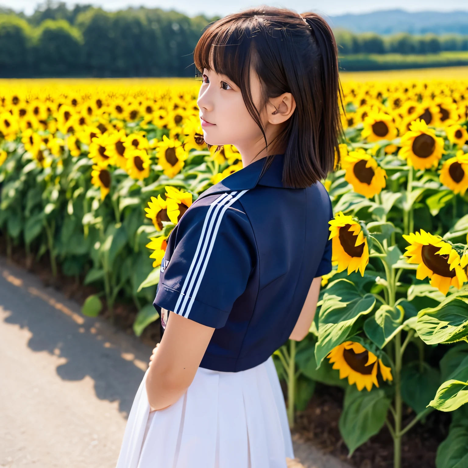 sunflowers fields、Girl in a sailor suit、Rear view