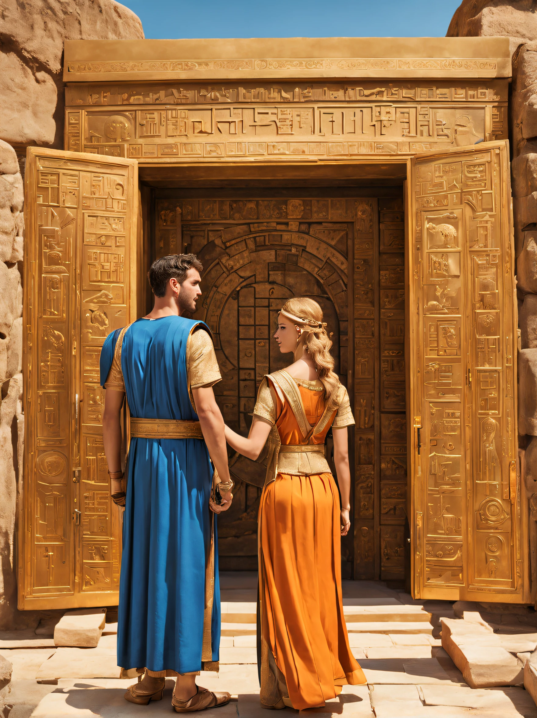A couple of men and women in 3rd century Roman clothing entering a time machine, a machine similar to the TARDS, but the doors are made of blue wood and the rest is golden yellow with English hieroglyphs. com tons alaranjados. Imagem em perspectiva.