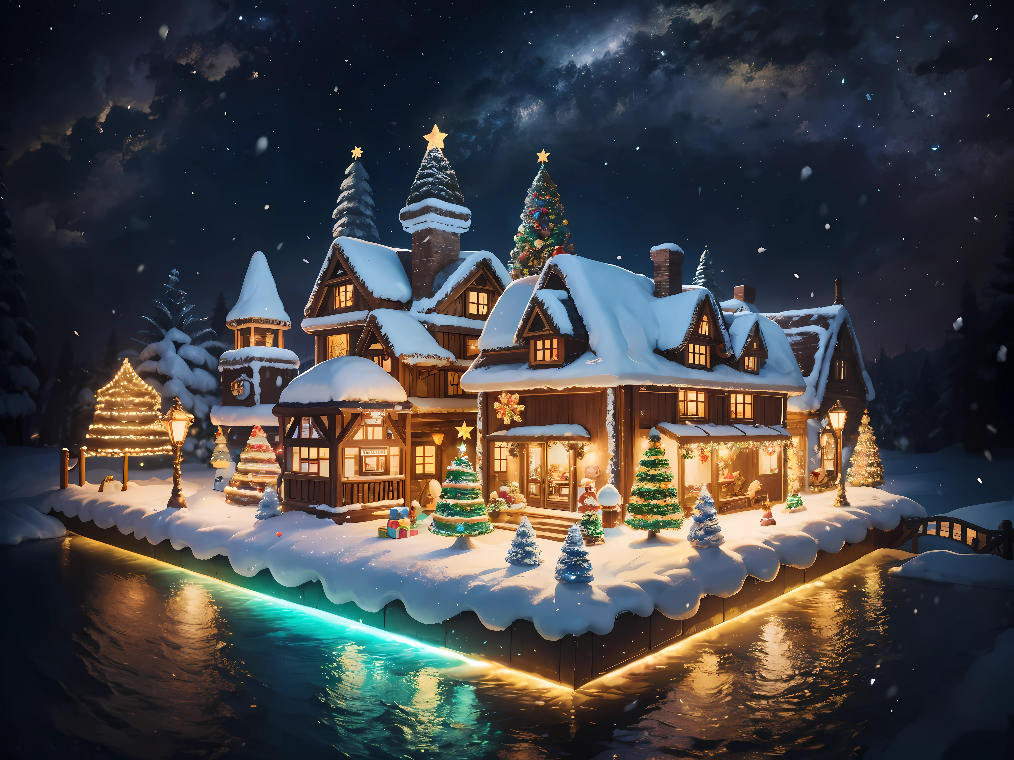 (professional 3D:1.3), (isometric:1.5), design a breathtaking cookie (big village), (rooftops adorned with icing and candy canes), (decorated with colorful sprinkles and chocolate chips), ((holiday magic)), river of milk, winter wonderland, ((snowflakes)), warmth, masterpiece, 16k, superb quality, highly detailed, approaching perfection, More Detail