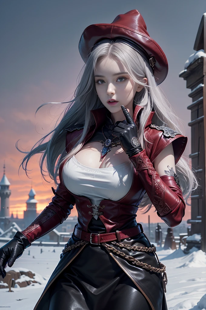 full body Esbian, of the highest quality, Intricately detailed skins, Shiny skin, Shiny hair, pale complexion,Big breasts), Red sky, Continuous snow, Castle terrace, ((Skull Mark)), ambitious, Seductive Woman, Gray hair, Long hair, Hair fluttering in the wind, Skull mask on half of the face, Detailed tattoos, Red leather clothes, Red sleeveless clothes, red leather coat, Black leather gloves, Solid Gold Bracelet, leather skirt red skirt, , Hat with skull marker, (Leather Belt), Look far away