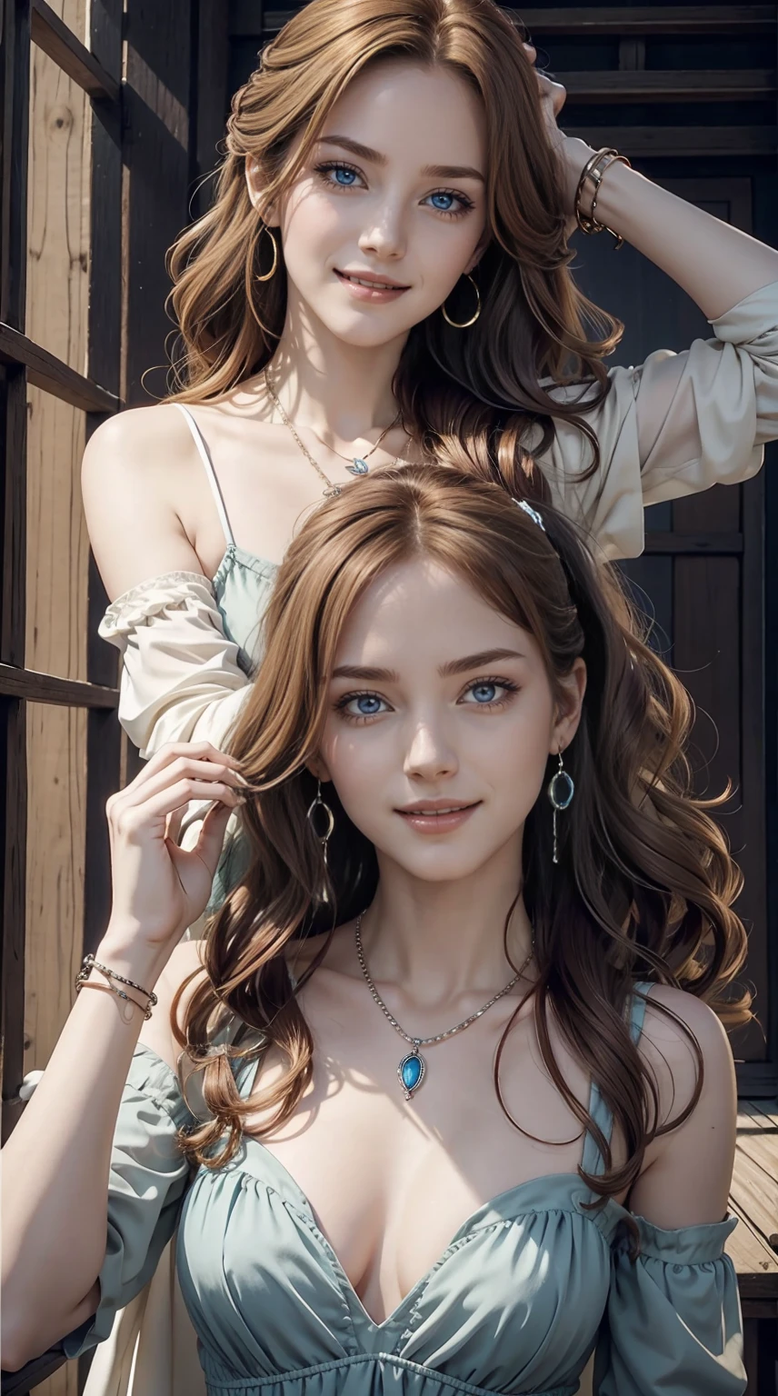 Old Caucasian Woman、hair color is reddish、blue eyess、Semi-long、setting hair、I'm tying my hair、My hair is wavy、Slender but thin macho、accessories on the wrist、wearing a chain necklace、Beautiful breasts、a smile、I need space above my head、wearing a mini princess dress、Wearing mules、a smile、art nouveau background