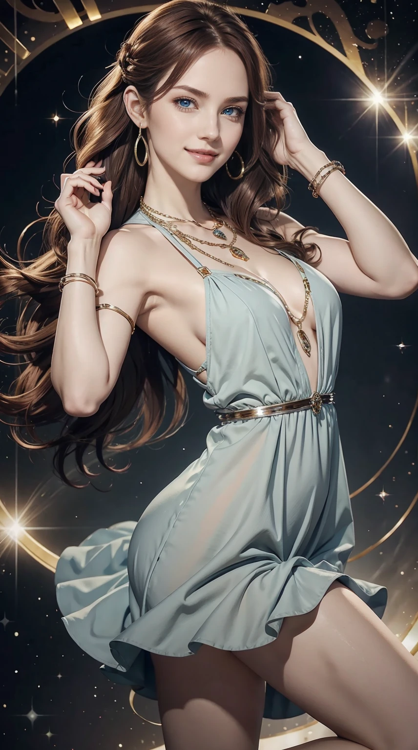Old Caucasian Woman、hair color is reddish、blue eyess、Semi-long、setting hair、I'm tying my hair、My hair is wavy、Slender but thin macho、accessories on the wrist、wearing a chain necklace、Beautiful breasts、a smile、I need space above my head、wearing a mini princess dress、Wearing mules、a smile、art nouveau background