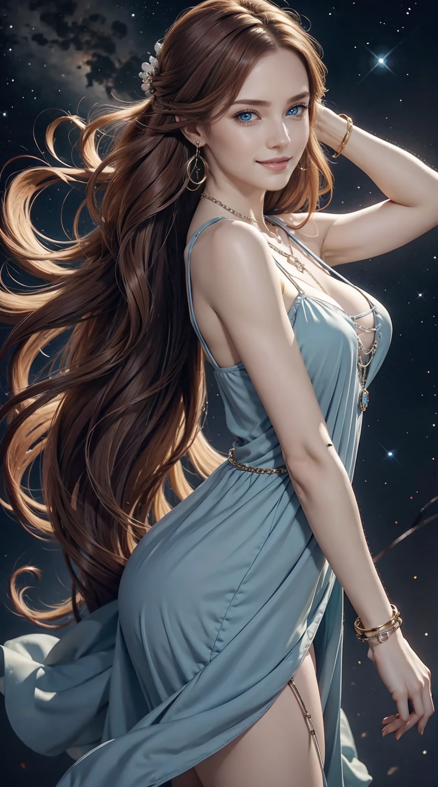 25-year-old Caucasian woman、hair color is reddish、I changed my hair color in some parts with inner color.、blue eyess、Semi-long、setting hair、I'm tying my hair、My hair is wavy、Slender but thin macho、accessories on the wrist、wearing a chain necklace、Beautiful breasts、a smile、I need space above my head、wearing a mini princess dress、Wearing mules、a smile、art nouveau background