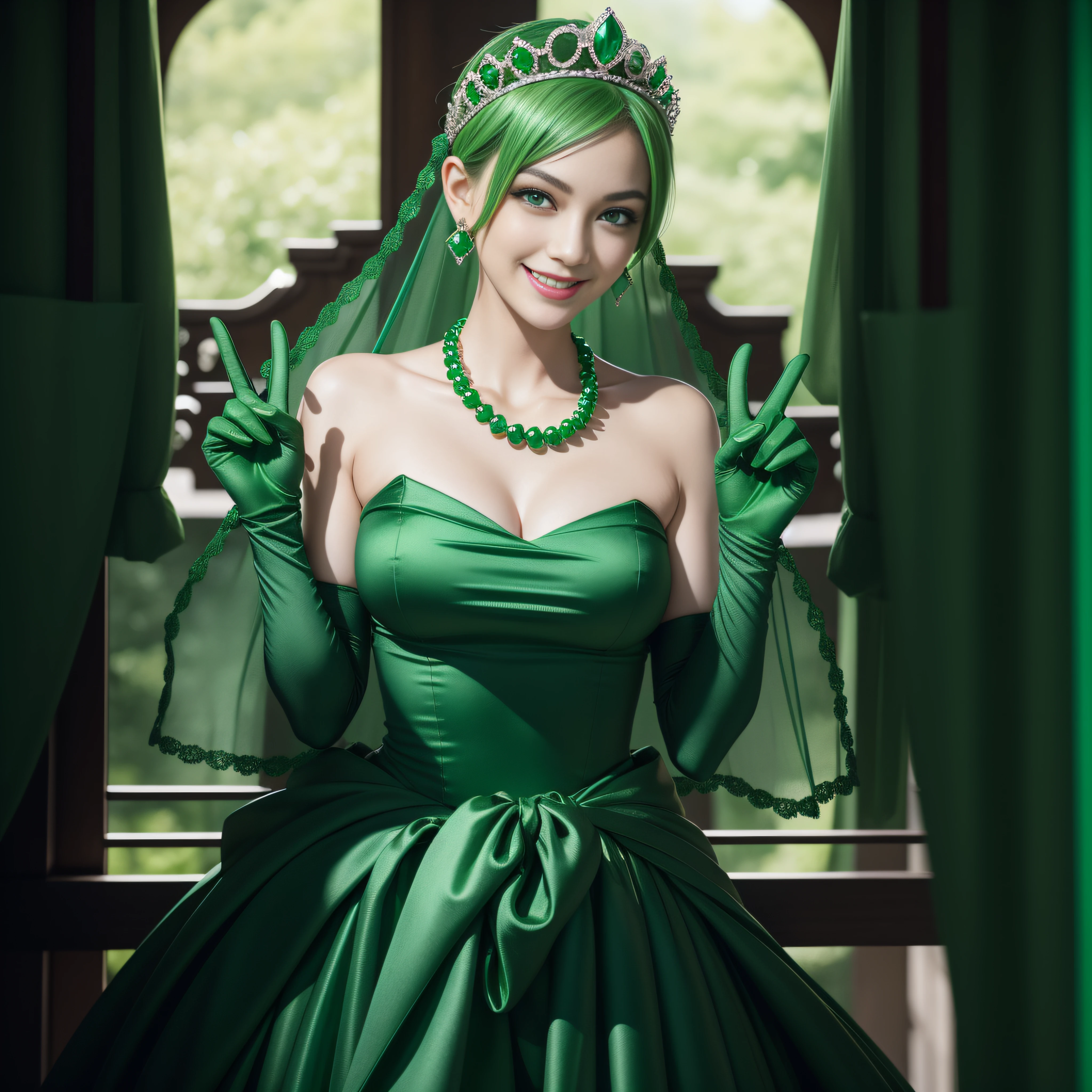 emerald tiara, Green Pearl Necklace, Boyish very short green hair, lipsticks, Japan woman smiling, very short short hair, big breasts beautiful, Green eyes, Long green gloves made of satin material, Green eyes, Emerald Earrings, green vale, v sign