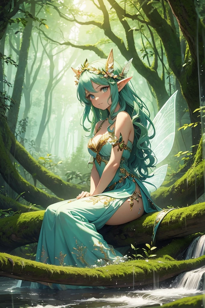 a cartoon picture of a fairy sitting on a log, fey queen of the summer forest, forest fairy, forest fae, faerie, queen of the fairies, fae, portrait of a fairy, pixie character, fae girl, fairy, portrait of fairy, detailed fanart, beautiful fairy, beautiful fairie, water fairy