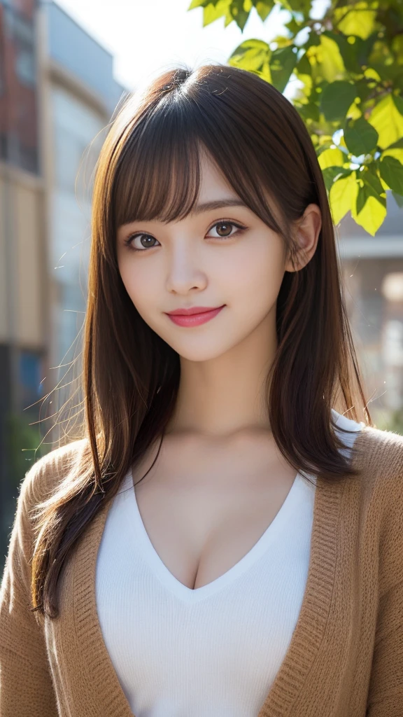 masutepiece, Best Quality, Illustration, Ultra-detailed, finely detail, hight resolution, 8K Wallpaper, Perfect dynamic composition, Beautiful detailed eyes, Women's Fashion🍂,Medium Hair,small tits、Natural Color Lip, Bold sexy poses,Smile,Harajuku、20 years girl、Cute、Sexy shot looking at camera