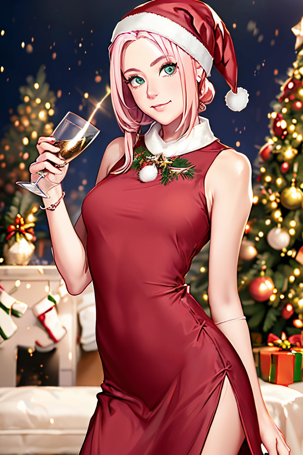 (a girl, cabelo longo cor-de-rosa, olhos verdes, vestido de Natal vermelho gala de Natal), (holding a glass of champagne), (lights and Christmas tree in the background), (melhor qualidade, alta resolução), (cores vibrantes, Holiday climate), (Soft lighting and Warm)