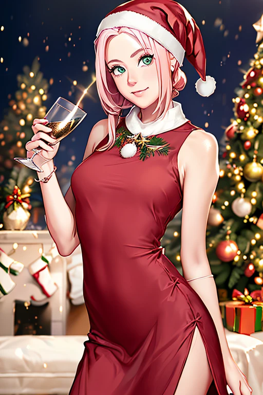 (a girl, cabelo longo cor-de-rosa, olhos verdes, vestido de Natal vermelho gala de Natal), (holding a glass of champagne), (lights and Christmas tree in the background), (melhor qualidade, alta resolução), (cores vibrantes, Holiday climate), (Soft lighting and Warm)