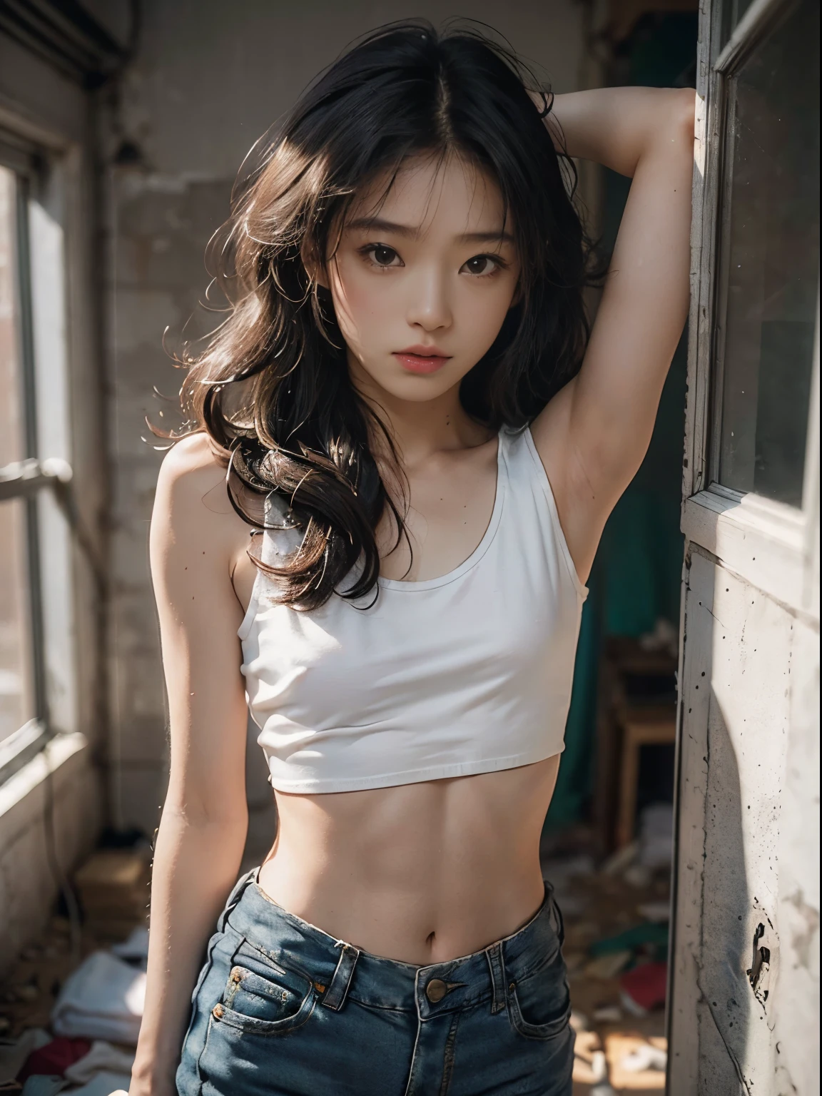 raw photo, 8k, (top-quality), Realistic, (real picture, Intricate details), (natural skin texture, detailed skin, hyper realism, sharpness), (Japanese college girl standing in an abandoned apartment building, hands behind head, armpits exposed, showing armpits), ((white tight tank top, Distressed denim pants, low rise baggy  pants)), (((Small chest:1.4))), Fair skin, sweaty skin, ((Wavy long hair, One-length hairstyles)), (akina-nakamori, neat face, Parted lips), Room being demolished, dusty room, cracked wall, Messy floor, Pile of rubble:1.3, broken window, cracked Window glass, Hard lighting:1.3, sunset light, Full body shot