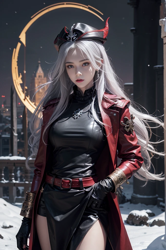 full body Esbian, of the highest quality, Intricately detailed skins, Shiny skin, Shiny hair, pale complexion,Big breasts), Red sky, Continuous snow, Castle terrace, ((Skull Mark)), ambitious, Seductive Woman, Gray hair, Long hair, Hair fluttering in the wind, Skull mask on half of the face, Detailed tattoos, Red leather clothes, Red sleeveless clothes, Red leather coat, Black leather gloves, Solid Gold Bracelet, leather skirt red skirt, , Hat with skull marker, (Leather Belt), Look far away