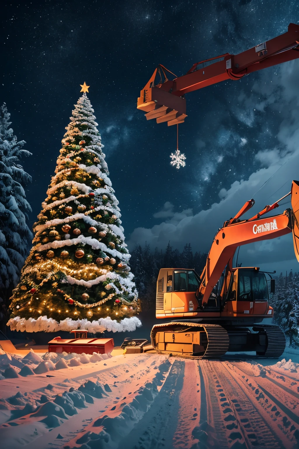 photo combining construction construction Christmas theme, ter neve caindo do ceus, noite, with Christmas tree and construction equipment and machinery, grua montando a arvores de natal, ultra-realista, obra-prima, melhor qualidade, ultra-high-resolution, foto RAW, 8k, formato quadrado