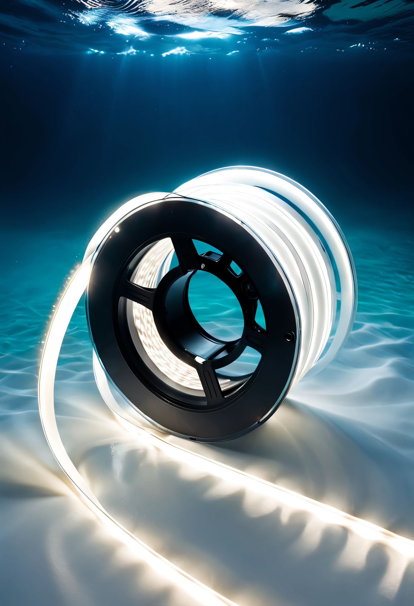 A roll of white light strips,Soak in the ocean,Clear detail,Demonstrate the waterproof capabilities of light strips,Ultra-realistic texture,Underwater camera shooting
