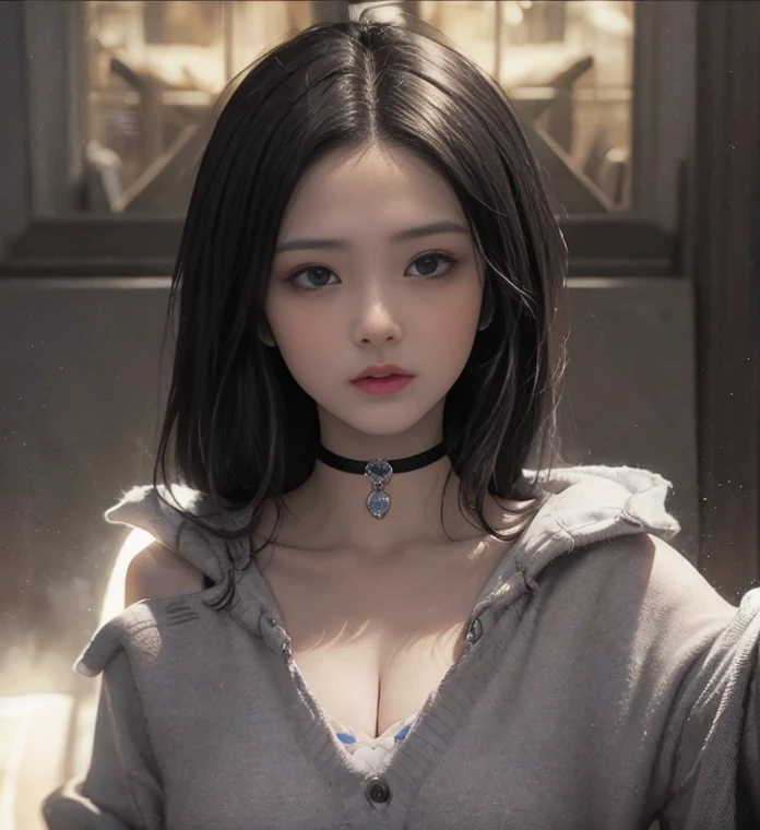 orange long hair,Nice face,choker necklace,Heterochromatic pupil,Gini Coefficient,fully body photo,Big-breasted girl,Cardigan shirt