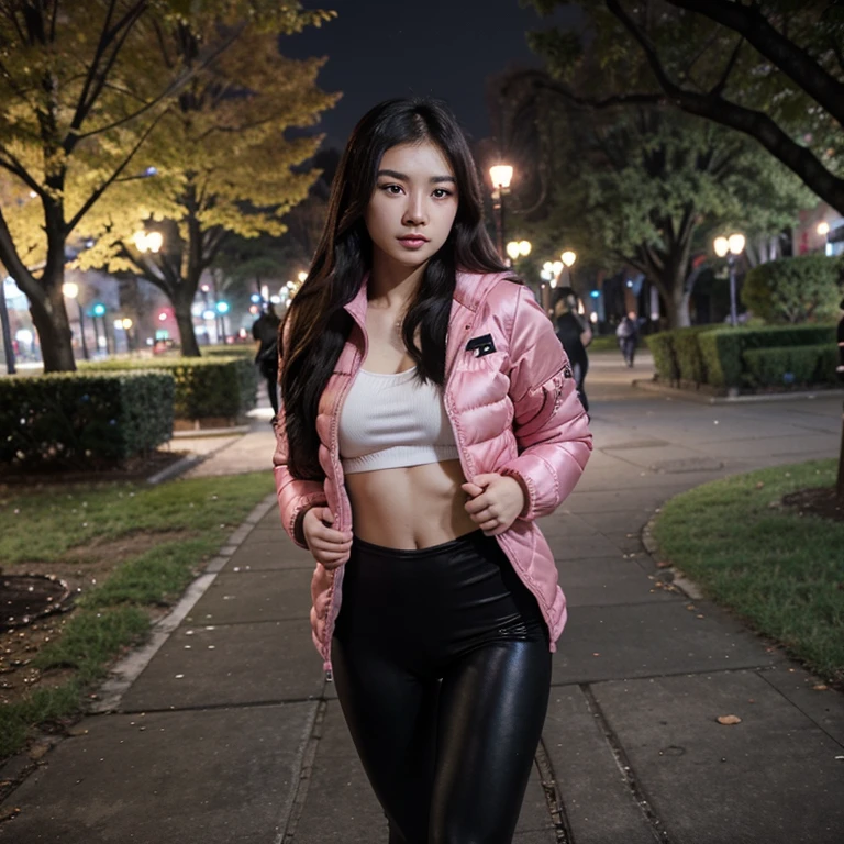21-year-old, Chinese gamer girl, cute, big chest, fit body, super realistic picture, pink winter jacket, black leggings , walking in in a park, nighttime ,